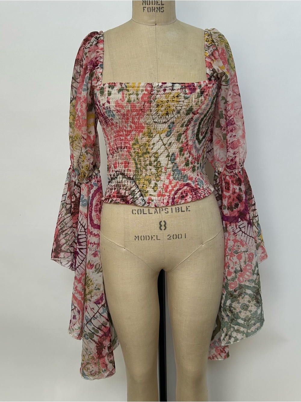 Floral Smocked Square-Neck Top with Dramatic Bell Sleeves - Pink Multi